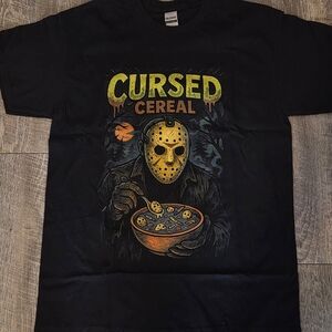 Black Graphic Tee with Cursed Cereal Design Jason